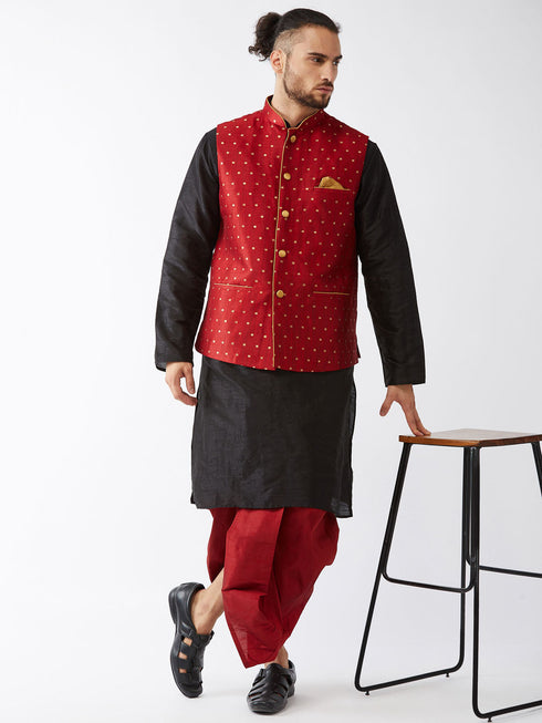 Vastramay Men's Maroon Zari Weaved Jacket With Kurta Dhoti Set